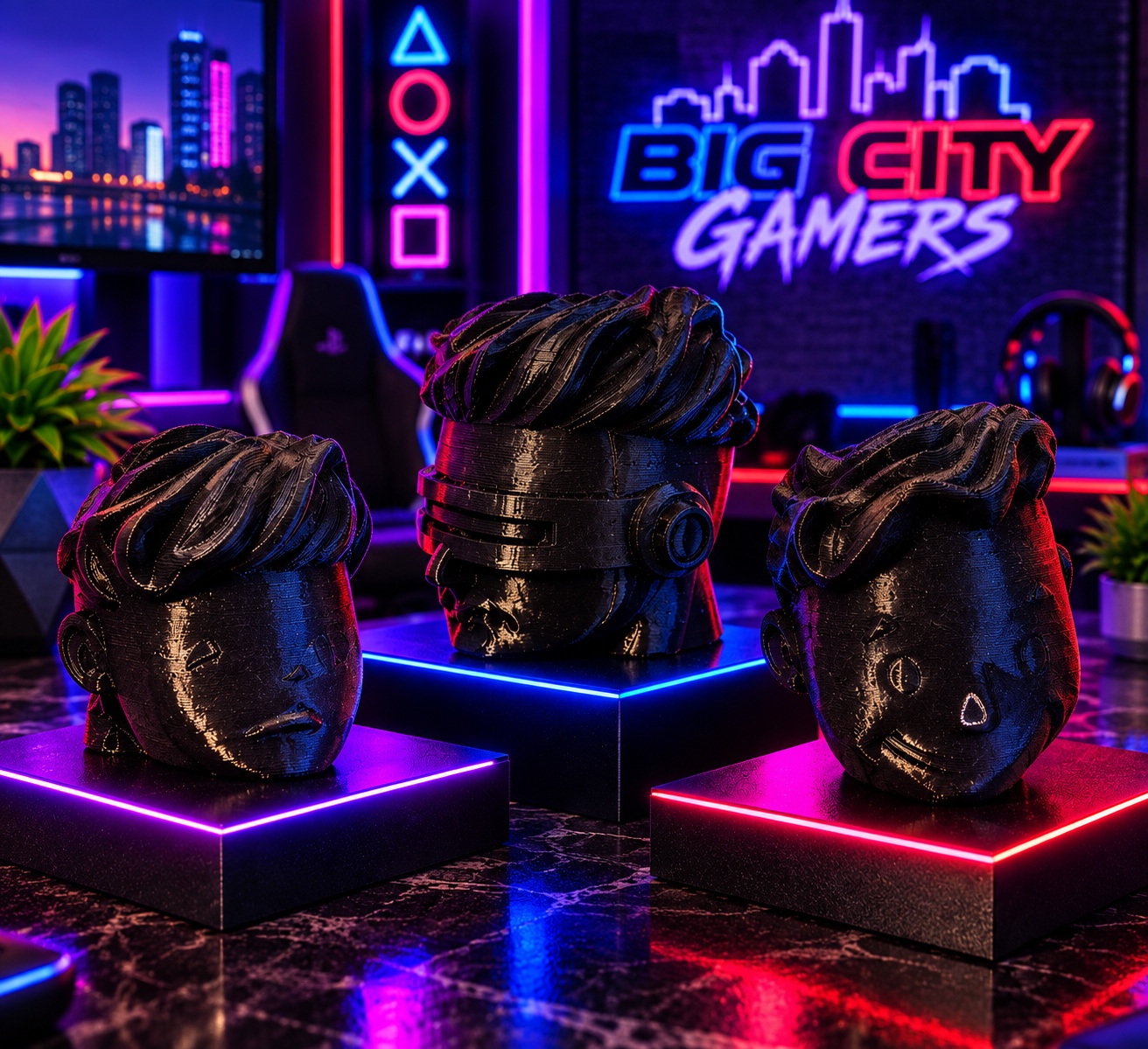 Three character-head 3D-printed desk mates in the Big City Gamers lounge