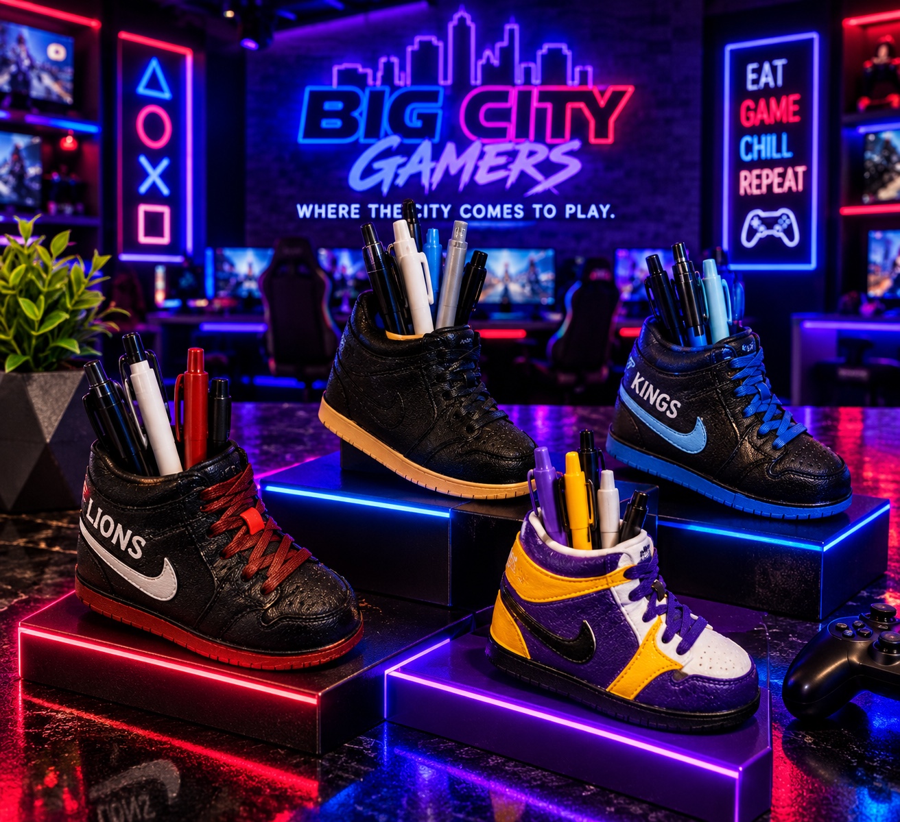 Colorful sneaker-shaped 3D-printed desk mates displayed inside Big City Gamers