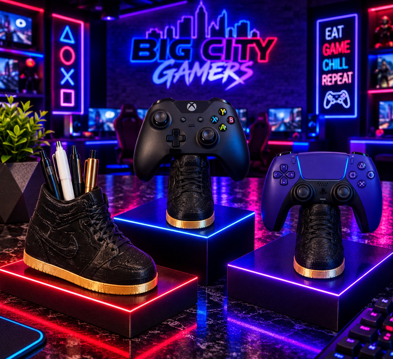 Gaming controller and sneaker 3D-printed desk mates on neon display stands